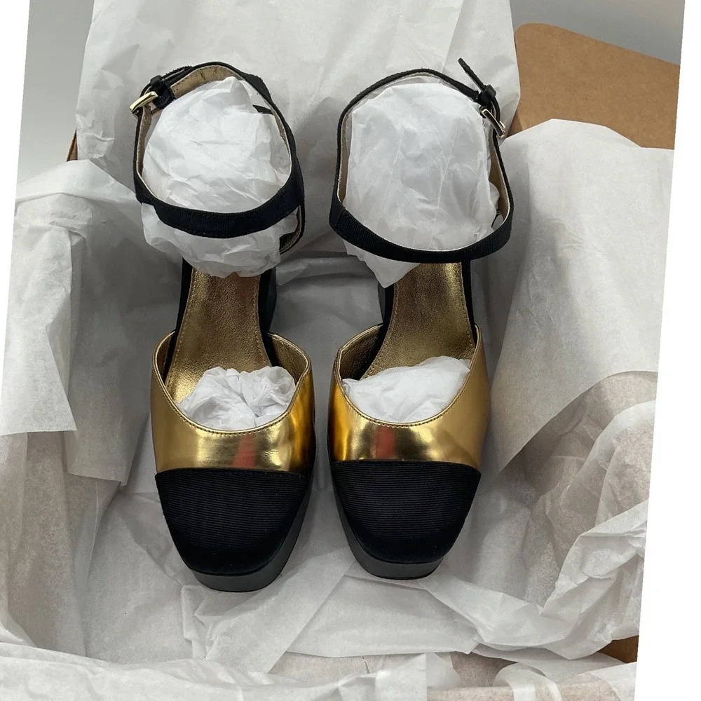 Michael Kors Bennett Gold Black Platform Block Heel Sandals Womens 6M Resort 19